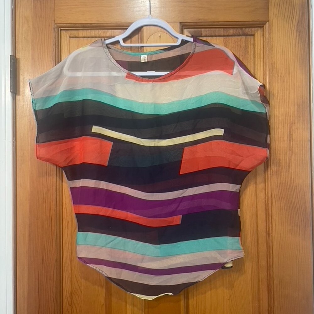 Sheer cap-sleeves scallop-hem women's top size S